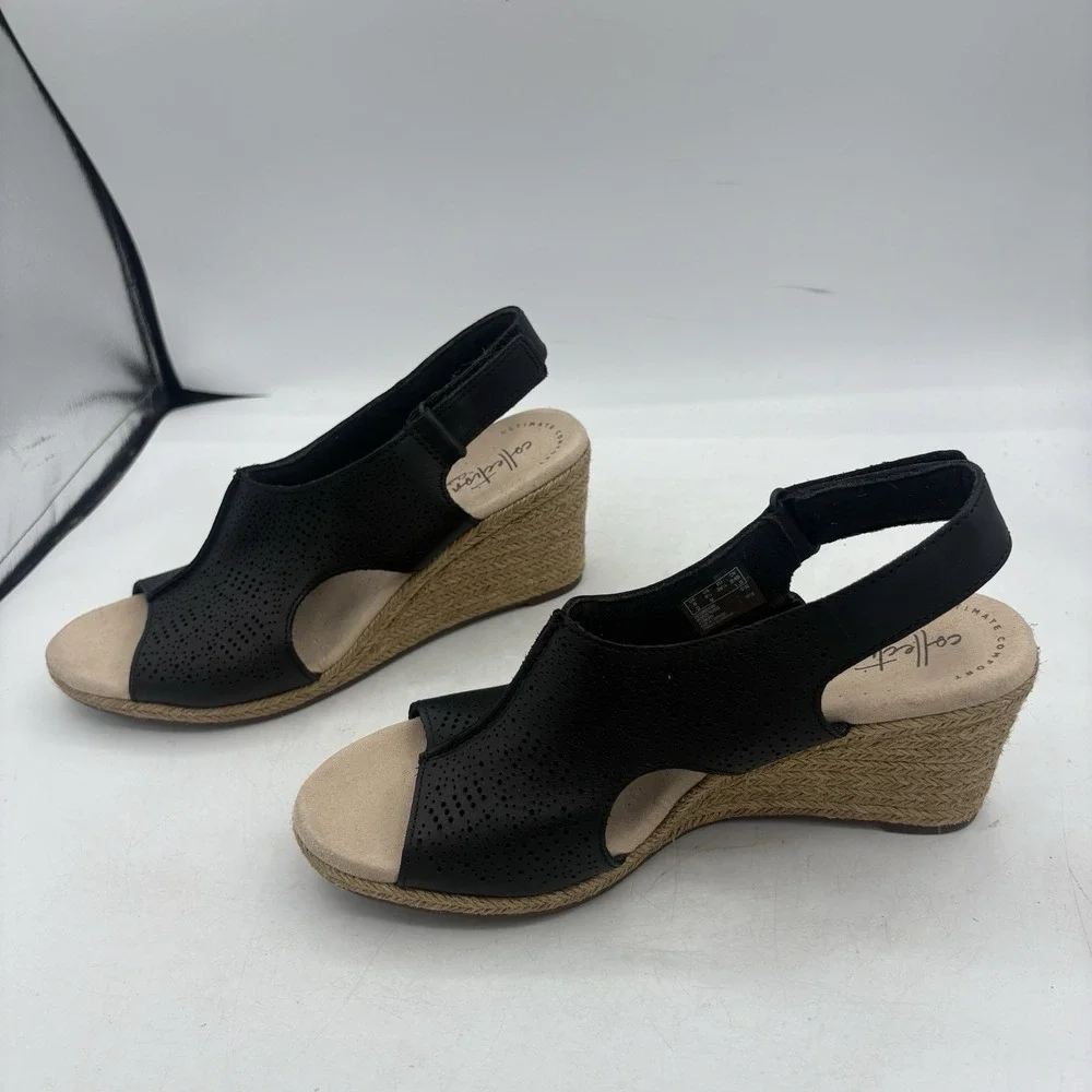 Clarks Sandals Womens Size 8.5 M Lafley Rosen Black Wedge Espadrille